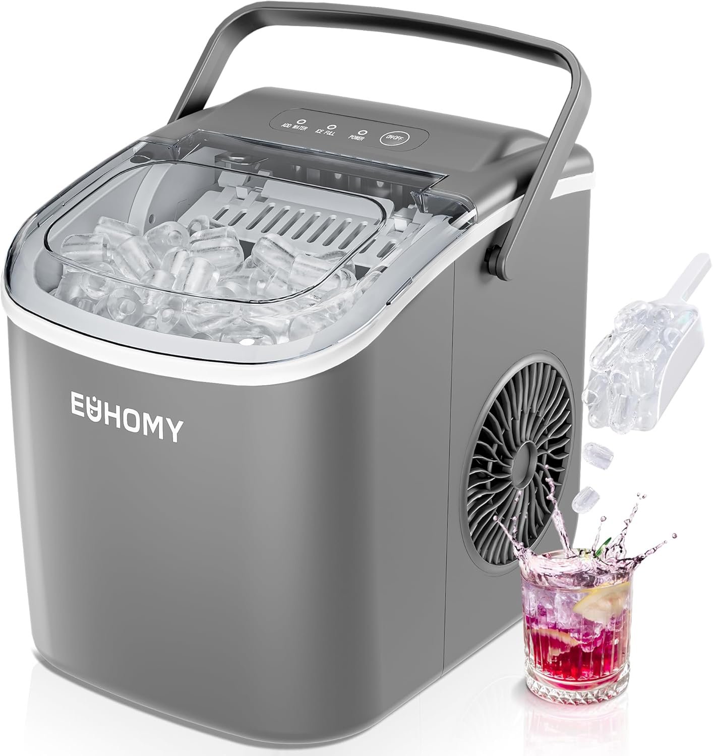 EUHOMY Countertop Ice Maker Machine with Handle, 26lbs in 24Hrs, 9 Ice Cubes Ready in 6 Mins, Auto-Cleaning Portable Ice Maker with Basket and Scoop, for Home/Kitchen/Camping/RV. (Black)